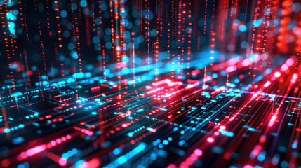 Poster - Abstract digital background with glowing blue and red lines, representing data flow and technology. vibrant colors create futuristic atmosphere