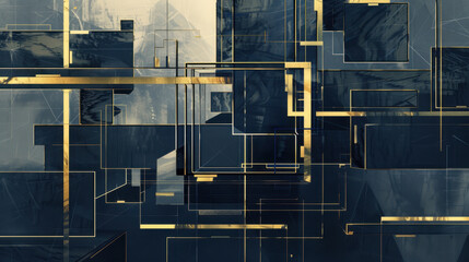 Poster - modern abstract geometric design with gold and dark blue colors, featuring overlapping rectangles an