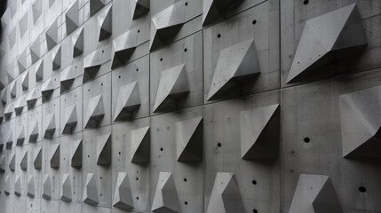 Poster - Modern concrete wall with geometric patterns and textures, showcasing unique architectural design. interplay of light and shadow enhances visual appeal