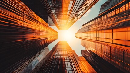 Poster - Dramatic sunrise view through tall buildings showcasing intricate architecture and illuminated reflections in the cityscape : Generative AI
