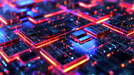 Poster - Futuristic digital circuit board with glowing neon lights and intricate patterns, showcasing technology and innovation in vibrant, colorful design