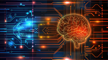 Poster - digital brain illustration with circuit patterns, symbolizing technology and intelligence. vibrant c
