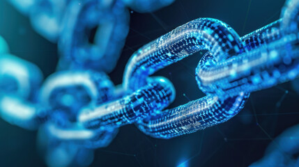 Poster - close up view of digital chain link, symbolizing blockchain technology and connectivity. blue tones 