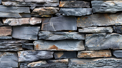 Poster - Natural stone wall with textured slate tiles in various shades of gray and brown, creating rustic and durable surface
