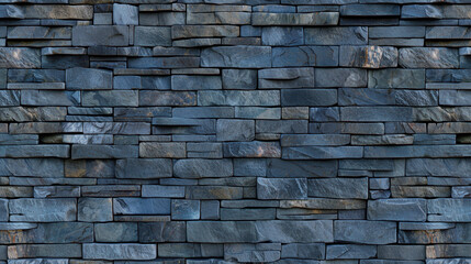 Poster - Textured blue stone wall with various shapes and sizes of stones, creating rustic and natural appearance. Ideal for backgrounds or architectural designs