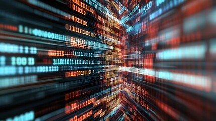 Fototapete - Dynamic visual of accelerating digital data with vibrant glowing bits in a high-tech digital landscape : Generative AI