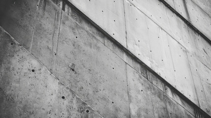 Poster - Concrete wall with diagonal lines and texture, showcasing industrial design and minimalism. surface features holes and weathered appearance, adding character