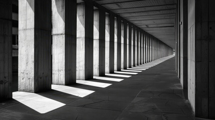 Poster - Stark concrete pillars create rhythmic pattern in this monochrome architectural scene, casting long shadows that enhance depth and perspective of corridor