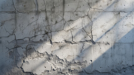 Poster - Cracked concrete wall with shadows, showcasing texture and depth. surface displays weathered appearance, highlighting imperfections and natural patterns