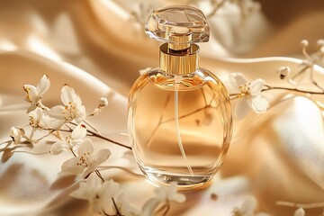 Poster - Luxury glass fragrance bottle elegantly showcased with silk and soft floral accents for a refined look : Generative AI