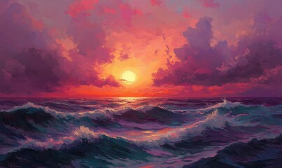 Wall Mural - Above a vast, rolling ocean, a vibrant sunset colors the sky, while the setting sun casts a warm glow on the water.