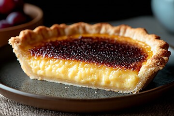 Aufkleber - Homemade custard pie with a golden crust and raspberry topping on a textured brown plate : Generative AI