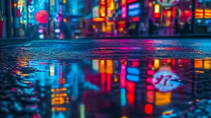 Leinwandbilder - Colorful Cityscape with Neon Lights Reflecting in Puddles at Night : Generative AI