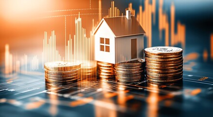 Poster - House on coin stacks with rising financial charts representing the real estate market and economic indicators : Generative AI