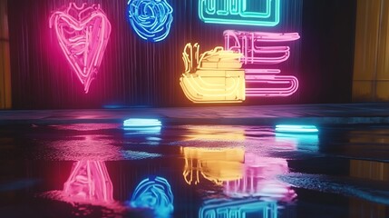 Aufkleber - Colorful neon signage displayed on a wall reflected in a puddle on wet concrete : Generative AI