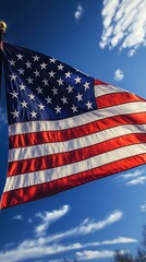 Aufkleber - United States flag waving in the wind against a bright blue sky with beautiful cloud formations : Generative AI