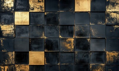 An elegant backdrop with abstract squares in black and gold, suitable for modern design work.