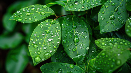 Poster - Lush green leaves covered in water droplets, showcasing nature beauty and freshness. vibrant colors and textures create serene and refreshing atmosphere