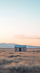 Poster - A small wooden shed standing alone on a vast open field with mountains in the background at sunrise, symbolizing isolation and simplicity in a rural landscape.