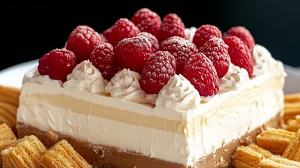 Poster - Decadent layered raspberry dessert topped with whipped cream and fresh raspberries on a plate : Generative AI
