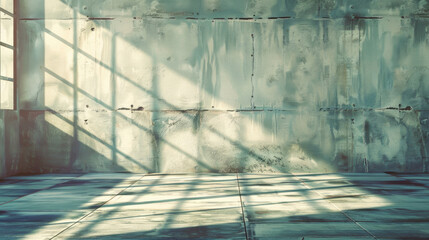 Poster - serene industrial interior with soft light casting shadows on textured wall. atmosphere evokes sense of calm and creativity