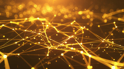 Poster - Golden abstract background with glowing lines and bokeh effect, creating sense of depth and connection. Ideal for technology or digital themes