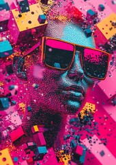 Poster - Vibrant digital art of a mannequin wearing sunglasses surrounded by colorful abstract shapes and particles : Generative AI