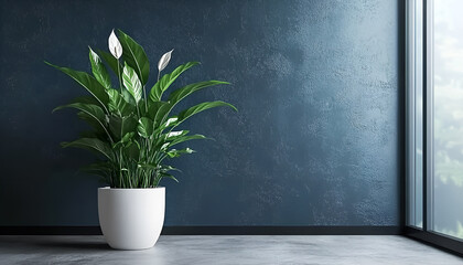 Wall Mural - Elegant peace lily in modern pot against dark blue wall in sunlit room