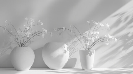 Wall Mural - Minimalist white vases with delicate flowers casting shadows on light background create serene and calming atmosphere