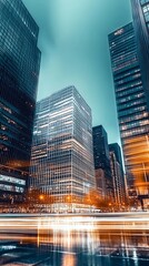 Poster - Dynamic urban skyline with colorful light trails highlighting busy streets and reflective surfaces at night : Generative AI