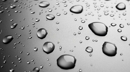 Poster - Delicate water droplets dot a sleek metallic surface, catching and refracting ambient light. This serene arrangement creates a mesmerizing display of nature's artistry, evoking tranquility