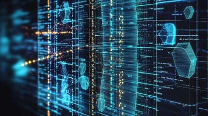 Fototapete - Abstract futuristic data visualization with glowing blue lines and geometric shapes on dark background : Generative AI