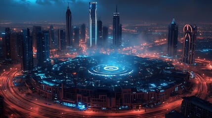 Poster - Stunning aerial view of a vibrant urban cityscape illuminated at night showcasing futuristic architecture and city lights : Generative AI