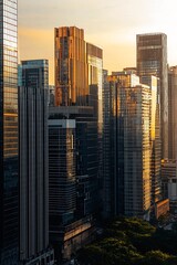 Poster - Radiant Urban Landscape at Sunset Showcasing Tall Towers and Mirrored Reflections : Generative AI