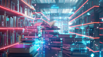 Poster - futuristic library filled with stacked books and digital elements, showcasing blend of traditional k