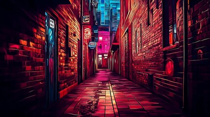 Fototapete - Artistic alleyway bursting with color and illuminated by vibrant nightlife lights : Generative AI