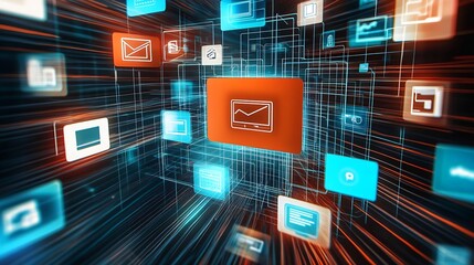 Leinwandbilder - Engaging visual of a vibrant data network with prominent orange icon amidst glowing blue digital elements : Generative AI
