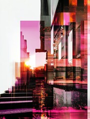 Leinwandbilder - Ethereal Streetscape Featuring Urban Sunsets Bathed in Abstract Color Splashes : Generative AI