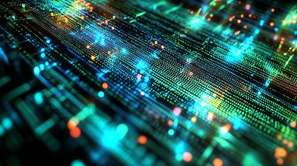 Leinwandbilder - Colorful digital data stream with vibrant light spots resembling a futuristic landscape : Generative AI
