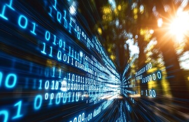 Fototapete - Dynamic visual of flowing binary code streams creating a futuristic digital landscape : Generative AI