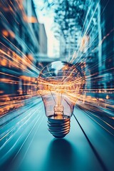 Fototapete - Illuminated light bulb surrounded by vibrant light trails representing innovation and creativity in technology : Generative AI