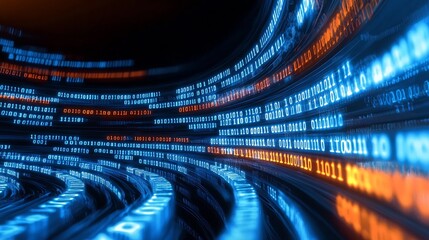 Fototapete - Abstract digital landscape with flowing binary data creating a mesmerizing wave of technology : Generative AI