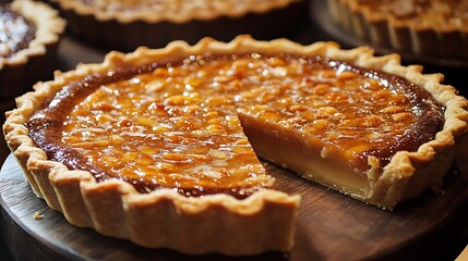 Poster - Gourmet caramel custard tart with a crunchy crust and a smooth rich filling on a wooden table : Generative AI
