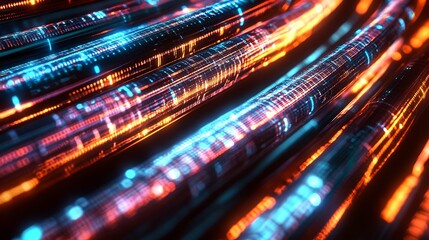 Poster - Dynamic electric data cables with glowing lights in vibrant shades of blue and orange : Generative AI