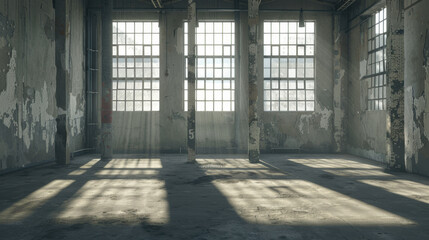 Poster - Abandoned industrial space with large windows, sunlight streaming in, and textured walls. atmosphere is serene yet haunting, showcasing beauty of decay