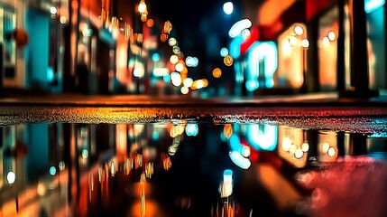 Poster - Captivating reflections capturing the essence of nightlife on a city street after rain : Generative AI