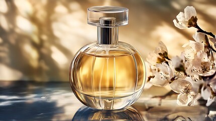 Aufkleber - Elegant perfume bottle surrounded by delicate flowers showcased in soft natural light : Generative AI