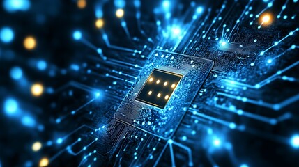 Poster - Close-up view of a microprocessor within luminous circuitry exhibiting advanced tech design : Generative AI