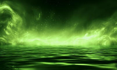 Poster - aurora sky reflected in water. green northern lights banner with copy-space.
