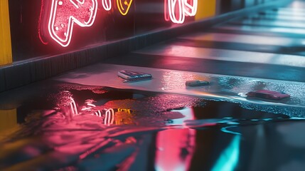 Fototapete - Three colorful phone cases lying on a reflective surface in an illuminated urban environment : Generative AI